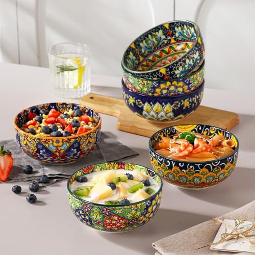 vancasso Cereal Bowls Set of 6, Bohemian Ceramic Soup Bowls, 28 oz Colorful Bowls Set for Kitchen, Dishwasher & Microwave Safe for Salad, Pasta, Rice, Oatmeal, Fruit (Pack of 2)