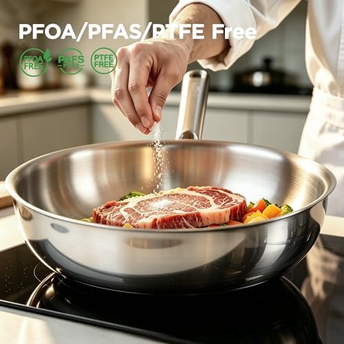 COOKER KING 12" Wok Pan with Lid, Stainless Steel Deep Skillet for Stir-Fry