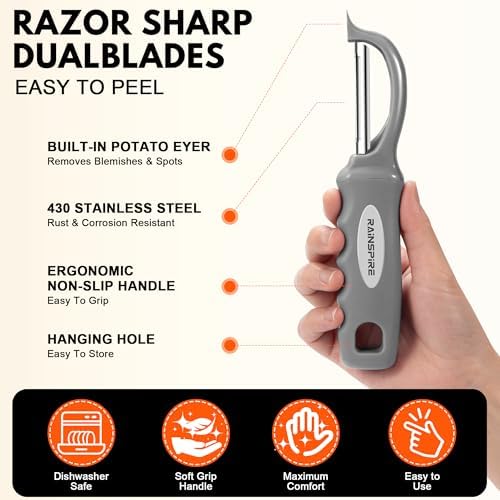 Rainspire Vegetable Peeler Potato Peelers for Kitchen, Sharp Stainless Steel Blades Veggie, Comfortable Handle Fruit Peeler, Carrot Peeler Apple Peeler Dishwasher Safe, Grey, 2-Pack