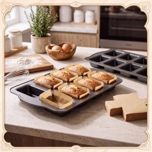 2 Pack Mini Loaf Baking Pans, Nonstick Rectangular Cake Baking Pans Black Carbon Steel Bakeware Set with 400 Sheets Cross Cut Parchment Paper, Heavy Duty Brownie Lasagna Bread Pan for Oven