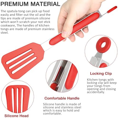 9 Inch Cooking Tongs with Silicone Tips Set of 3(Red)