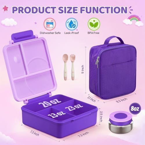 Itslife Bento Lunch Box for Kids with 8oz Soup Thermo&Lunch Bag, Leak-Proof Lunch Food Containers with 4 Compartment, Hot Food Insulated Food Jar for Kids School (Purple)