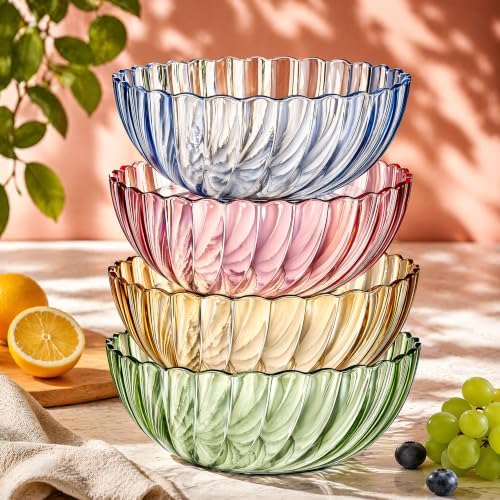Fasmov 4 Pack Plastic Serving Bowls, Plastic Salad Mixing Bowls, 74oz Break Resistant Plastic Bowls for Salad, Fruit, Popcorn, Chip and Dip, Multicolor