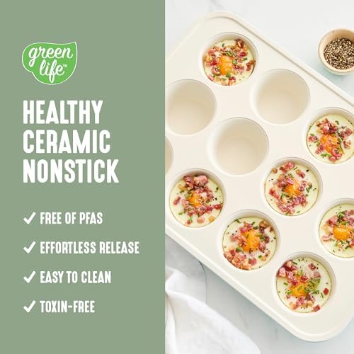 GreenLife 12-Cup Muffin Pan, PFAS-Free Healthy Nonstick Baking Tray, 11.4" x 1.9" x 15.9", Durable Ceramic Bakeware, Cupcakes, Egg Bites, Tarts, Brownies, Sage, (Pack of 6)