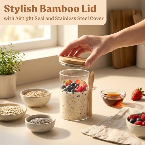 EDELHAUS Overnight Oats Containers with Lids - Glass Mason Jars, Meal Prep