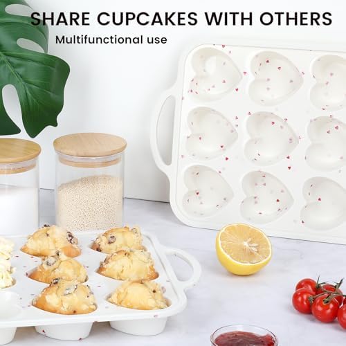Vinino Silicone Heart Shaped Muffin Pan with Metal Reinforced Frame, 1 Pack Cupcake Pan, Silicone Heart Mold for Baking, Chocolate Bar and Egg Bites, Dishwasher Safe