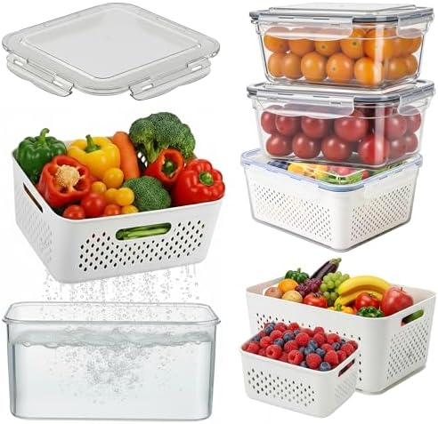 5 Pack Large Fruit Storage Containers for Fridge with Removable Colander