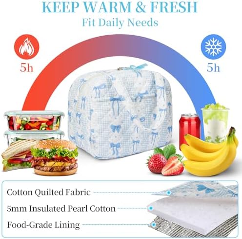 WOBAGMEN Quilted Lunch Box for Women,Coquette Aesthetic Lunch Box for Teen Girls,Cute Floral Lunch Bags for Work, School,Office,Picnic,Travel (Blue Bow)
