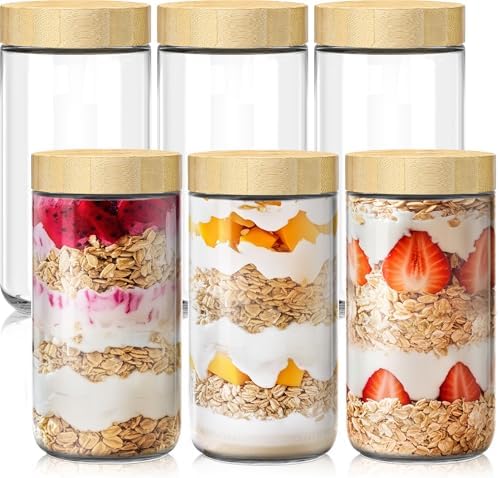 24 oz Glass Overnight Oats Containers, Mason Jars with Bamboo Lids, 6 Pack