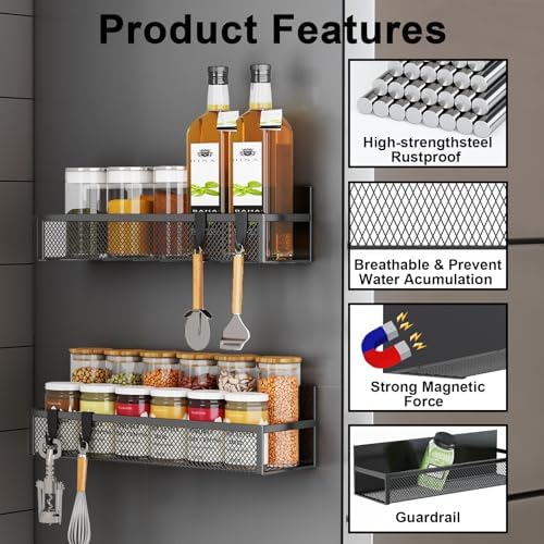 Aufworld Magnetic Spice Rack for Refrigerator, 6 Pack Magnetic Shelf, Fridge Magnet Organizer with Moveable 12 Hooks, Magnetic Fridge Shelf for Kitchen Organization and Storage (6 Pack)