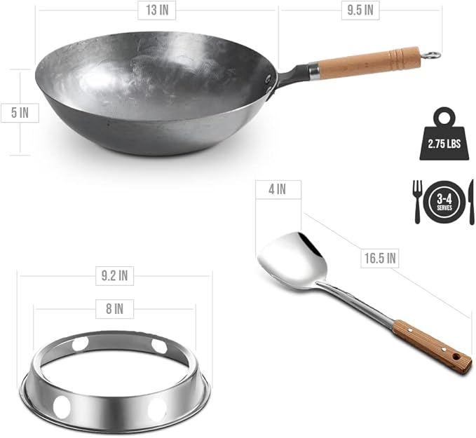 Carbon Steel Wok Pan, Stir Fry Pans, 13 Inch Wok Pan with Support Ring and Spatula, Nonstick Woks and Stir-fry Pans, No Chemical Coated Round Bottom Chinese Wok for Electric, Gas, All Stoves