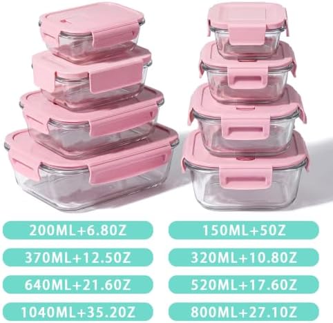 8 Pack Glass Food Storage Containers with Lids(Pink)