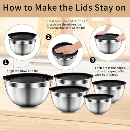 Mixing Bowls with Airtight Lids Set, 5 PCS Stainless Steel Black
