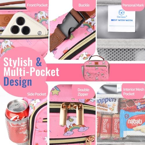 Genteen Lunch Box for Kids, Boys - Insulated Small LunchBox Reusable, Zip Closure & Buckle Handle, Portable Cooler for Work, School, Travel (Unicorn)