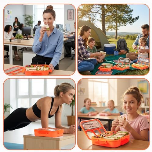 Bento Box for Adults, 4 Compartments Lunch Box, Lunch Containers, Orange