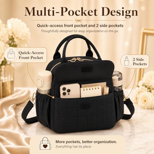 LEDAOU Lunch Box for Women Insulated Lunch Bag Corduroy Lunch Tote Bags Leakproof Cooler Lunch Case for Travel Work Picnic (A-Upgrade -Black)