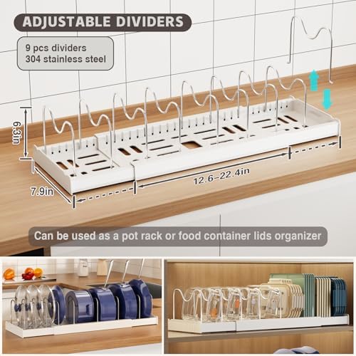 Magheo Expandable Food Storage Container Lid Organizers, 22" Pots and Pans Organizer Under Cabinet with 9 Adjustable Dividers Pot and Pan Lid Holders Rack Inside Cabinet(White,1 Pack)