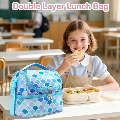 FlowFly Double Decker Cooler Insulated Lunch Bag Large Tote for Boys, Girls, Men, Women, With Adjustable Strap (Mermaid)