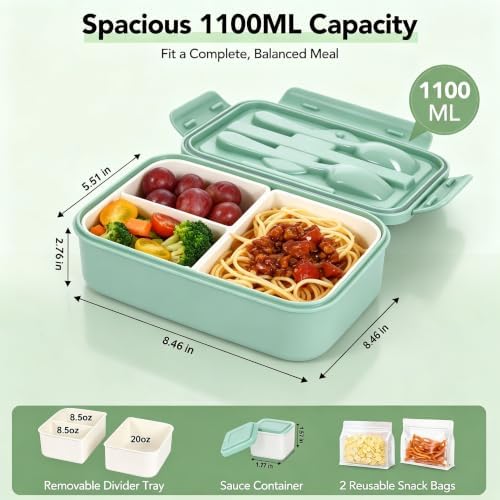 Bento Box 1100ml Lunch Container with Bag & Utensils & 2 Storage Bags Green