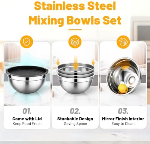 Beasea Mixing Bowls with Lids Set of 3, 2.5 QT Stainless Steel Nesting Mixing Bowls with Lids, Kitchen Metal Nesting Bowl with Lid for Baking, Food Prepping, Serving