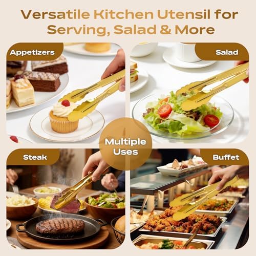 4 Pack Stainless Steel Serving Tongs, 9 Inch Gold Salad Tongs Serving Utensils Buffet Tongs Gold Plated Heavy Duty Reusable Metal Kitchen Clips for Salad, Snack, Barbecue, Catering, Wedding, Party