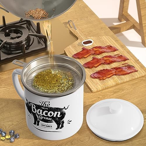 PGYARD Bacon Grease Container with Strainer-46OZ Enamel Keeper with Spatula