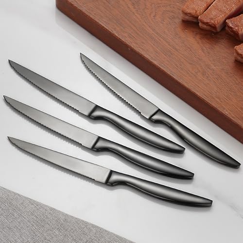 Black Steak Knives Set of 12, Kitchen Serrated Steak Knife Stainless Steel