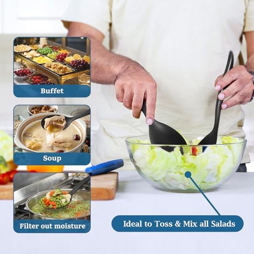 Reusable Plastic Serving Utensils Set of 12, Wheat straw Large Serving set 10" Serving Spoons/10" Slotted Spoons/9.4" Tongs, for Party Buffet Catering (Black, Not for Cooking)