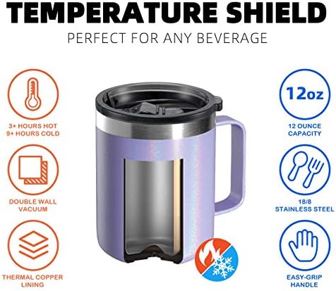 12 oz Insulated Travel Coffee Mug with Handle, Glitter Lavender