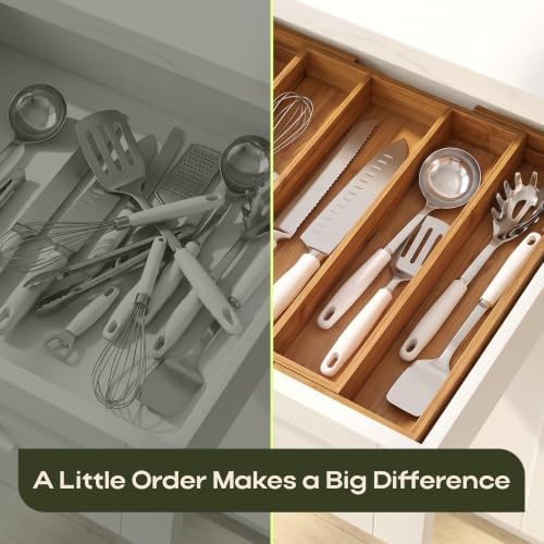 ROYAL CRAFT WOOD Carbonized Bamboo Kitchen Drawer Organizer - Silverware Organizer - Utensil Holder and Cutlery Tray with Grooved Drawer Dividers for Flatware and Kitchen Utensils, 5 Slot