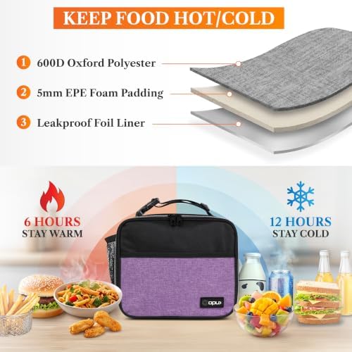 opux Insulated Lunch Bag for Kids, Reusable Lunch Box for School, Purple