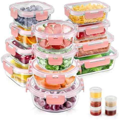 34pcs Glass Food Storage Containers with Lids Set, Airtight Glass Meal Prep Containers (17 Containers & 17 Lids), Leak Proof Lunch Container BPA-Free, Microwave, Oven, Freezer, Dishwasher Safe-PINK