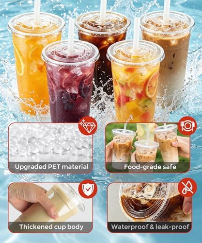 Ginkgo 32 oz Clear Plastic To Go Cups with Lids and Straws