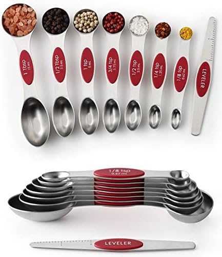 Spring Chef Stainless Steel 8 Magnetic Measuring Spoons Set, 2 Pack, Red