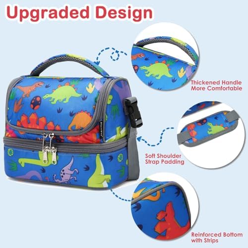 FlowFly Kids Double Decker Cooler Insulated Lunch Bag Large Tote for Boys, Girls, Men, Women, With Adjustable Strap, Dinosaur