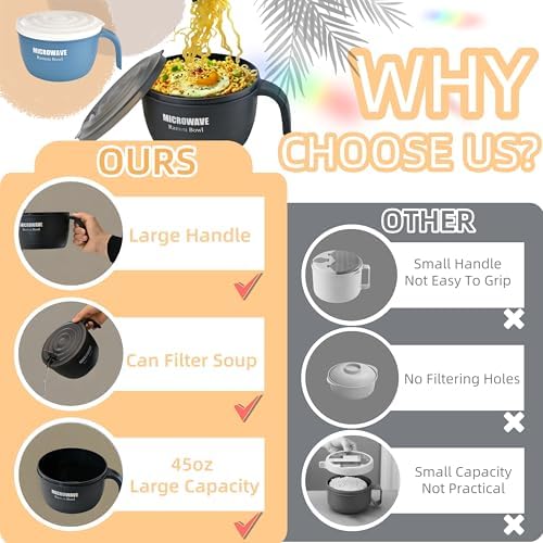 Layron Large Ramen Bowl, Ramen Noodle Bowls Microwavable 45 oz, Ramen Cooker, Microwave Pasta Cooker, Ramen Bowl Microwave Gift for College Male Female Dorm Room (black)