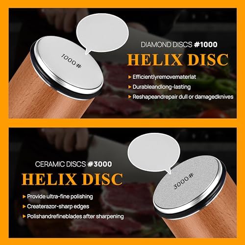 Rolling Knife Sharpener Kit with 1000 & 3000 Grit Discs, Magnetic 15°/20° Angle Guide for Kitchen Knives, Finger Protector, Leather Strop & Carry Bag