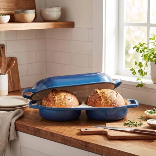 EDGING CASTING Enameled Cast Iron Double Bread Dutch Oven, Lake Blue