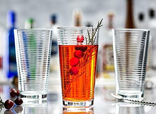 Le'raze Set of 16 Heavy Base Ribbed Durable Drinking Glasses Includes 8 Cooler Glasses (17oz) and 8 Rocks Glasses (13oz), Clear Glass Cups - Elegant Glassware Set