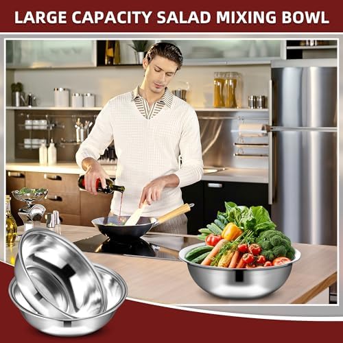 6 Pcs Stainless Steel Mixing Bowls Metal Mixing Bowls Extra Large Basin Salad Bowl with Deeper Edge, Dishwasher Safe, Mirror Finish for Home and Commercial, Silver (18 Inch 16 Qt)