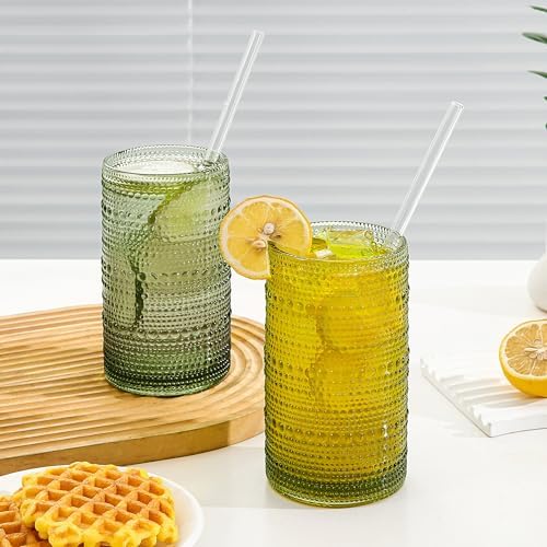 Vintage Glassware Drinking Glasses Set of 6,16oz Hobnail Glass Cups,Embossed Green Water Tumbler,for Cocktail, Juice, Whiskey, Milk and Various Mixed Drinks