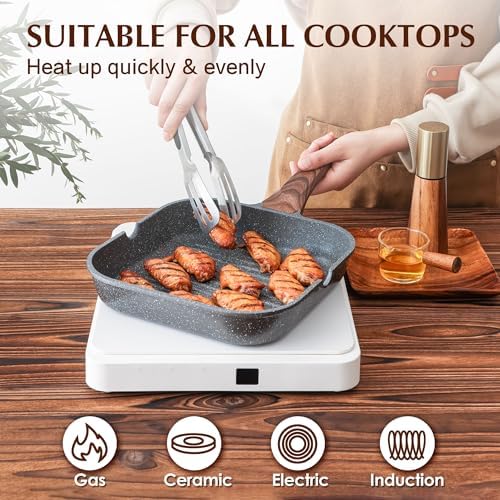 SENSARTE Nonstick Grill Pan for Stove Tops, Versatile Griddle with Pour Spouts, Square Big Cooking Surface, Durable Skillet Indoor & Outdoor Grilling. PFOA Free,12Inch
