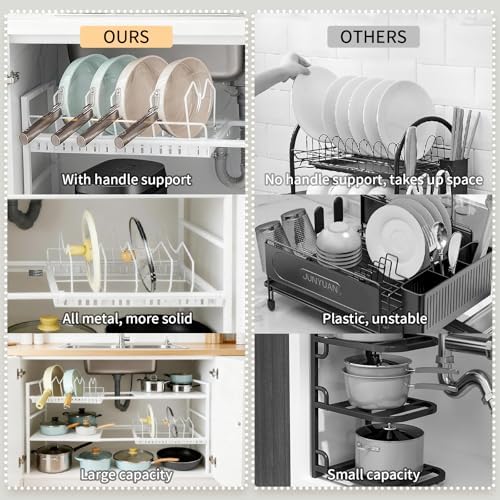 Pots and Pans Organizer Under Cabinet, Expandable Pots Organizers Inside Cabinet, Adjustable Height Under Sink Shelf 2 Tier with 10 Dividers Under Cabinet Shelf, Pot and Pan Lid Holder Rack (White)