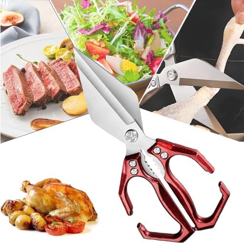 Stainless Steel Bone-Cut Kitchen Scissors, Poultry Shears - Heavy Duty Kitchen Scissors for Food with Ergonomic Handle, Ultra Sharp for Chicken, Meat, Seafood, Bone Cutting (Red)