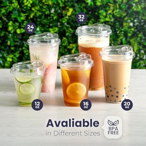 Fit Meal Prep 500 Pack 32 oz Clear Plastic Cups with Strawless Sip Lids, Disposable Plastic Coffee Cups with Lids, To Go Cup for Iced Coffee, Smoothies, Party Drinks, Soda, Bubble Tea, Cold Beverage