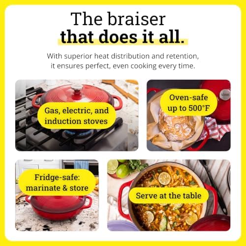 Lodge Essential Enamel Cast Iron Braiser, 3.6 Quart, Island Spice Red