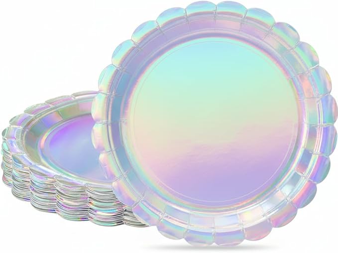 30 Pcs Iridescent Paper Plates Disposable 7 Inch Scalloped Holographic Plates Sliver Cake Dessert Plate for Birthday, Mermaid, Disco