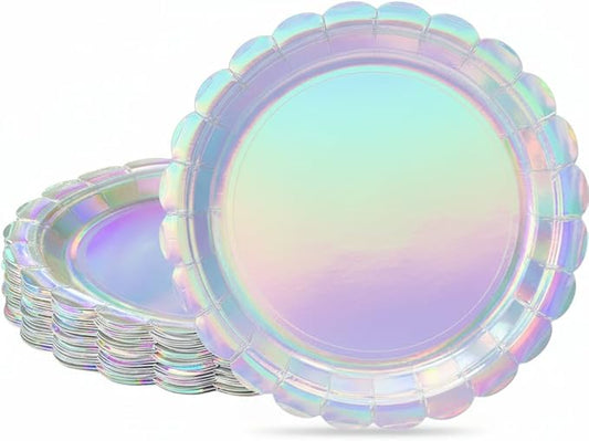 30 Pcs Iridescent Paper Plates Disposable 7 Inch Scalloped Holographic Plates Sliver Cake Dessert Plate for Birthday, Mermaid, Disco