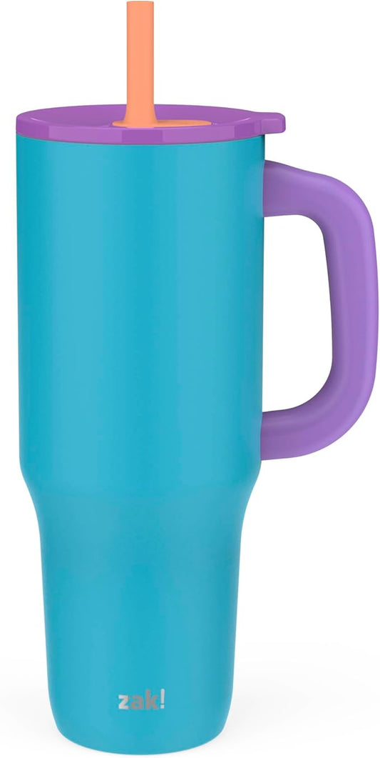 Zak Designs Sutton Travel Tumbler for On the Go, 40oz Stainless Steel with Vacuum Insulation, Silicone Straw, and Carry Handle for Cold Drinks (Turquoise)