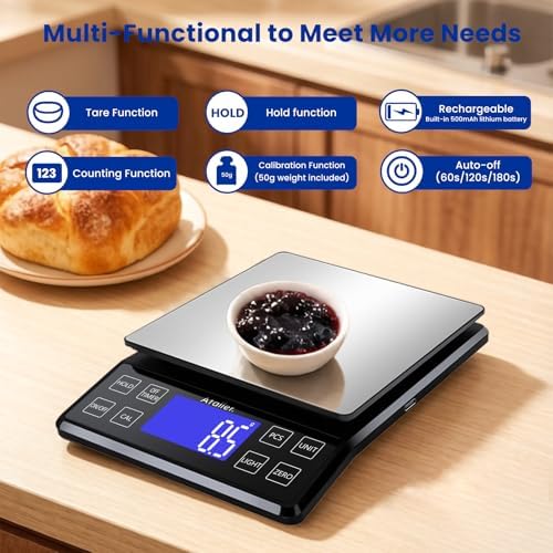 Rechargeable Digital Kitchen Scale, 0.1g Resolution Max 5kg 11Ibs